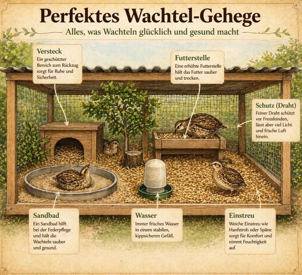 Perfektes Wachtel-Gehege mit Sandbad, Versteck, Wasser und Einstreu für eine artgerechte Haltung