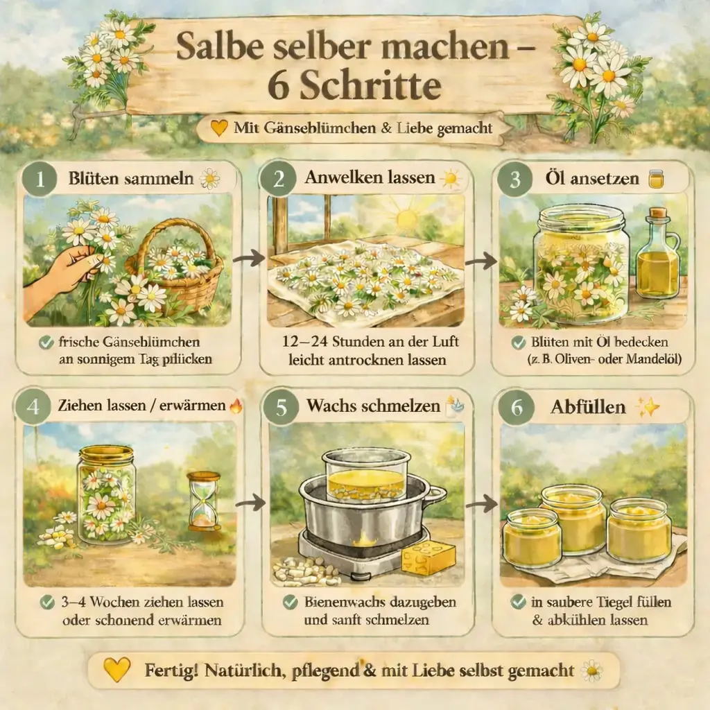 Schritt für Schritt Anleitung zum Salbe selber machen mit Gänseblümchen
