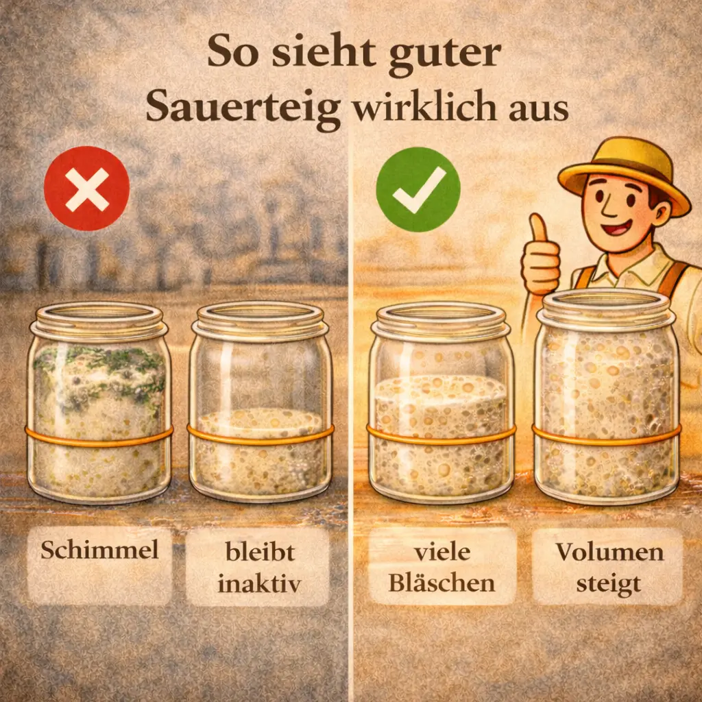 Vergleich von schlechtem und gutem Sauerteig mit Schimmel und aktiven Bläschen