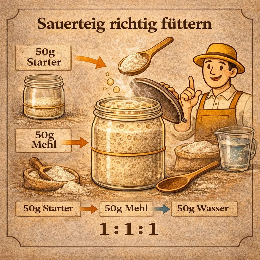Sauerteig richtig füttern mit 50g Starter, Mehl und Wasser im Verhältnis 1 zu 1 zu 1