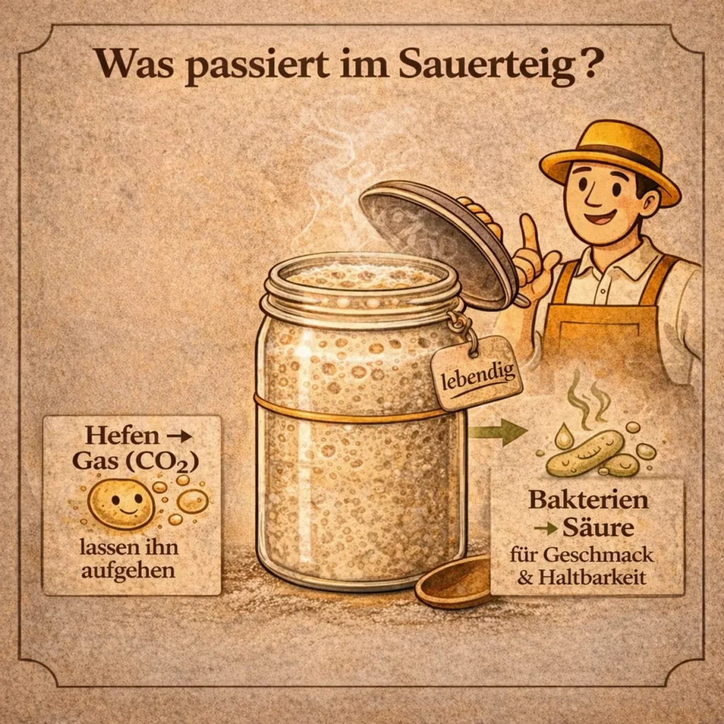 Infografik zeigt wie Hefen Gas bilden und Bakterien Säure im Sauerteig erzeugen
