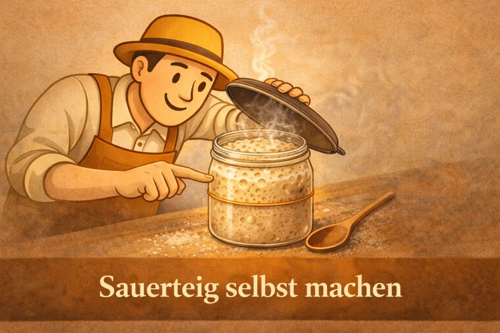 Aktiver Sauerteigstarter im Glas mit Bläschen für selbst gebackenes Brot ohne Hefe