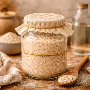 Aktiver Sauerteig Starter im Glas mit vielen Bläschen auf einem Holztisch