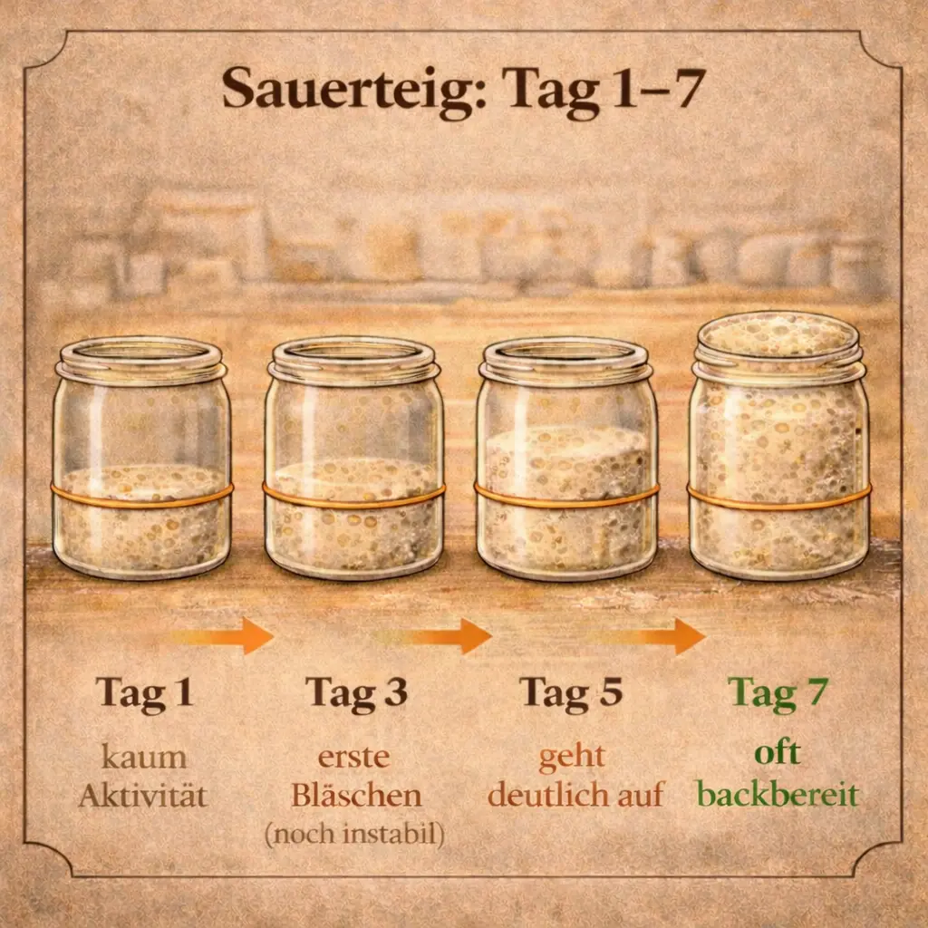 Entwicklung eines Sauerteigstarters von Tag 1 bis Tag 7 mit zunehmender Aktivität