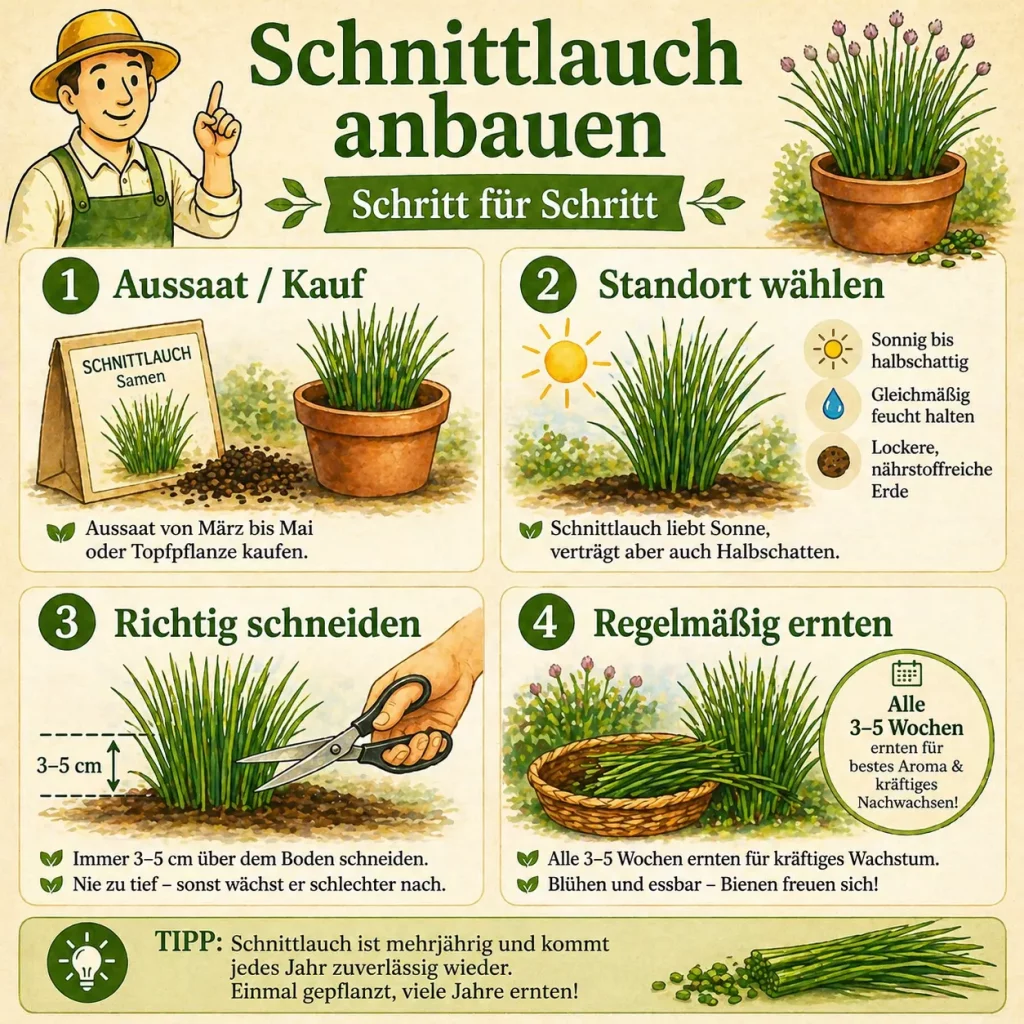 Schnittlauch anbauen Schritt für Schritt Anleitung mit Aussaat Standort schneiden und ernten
