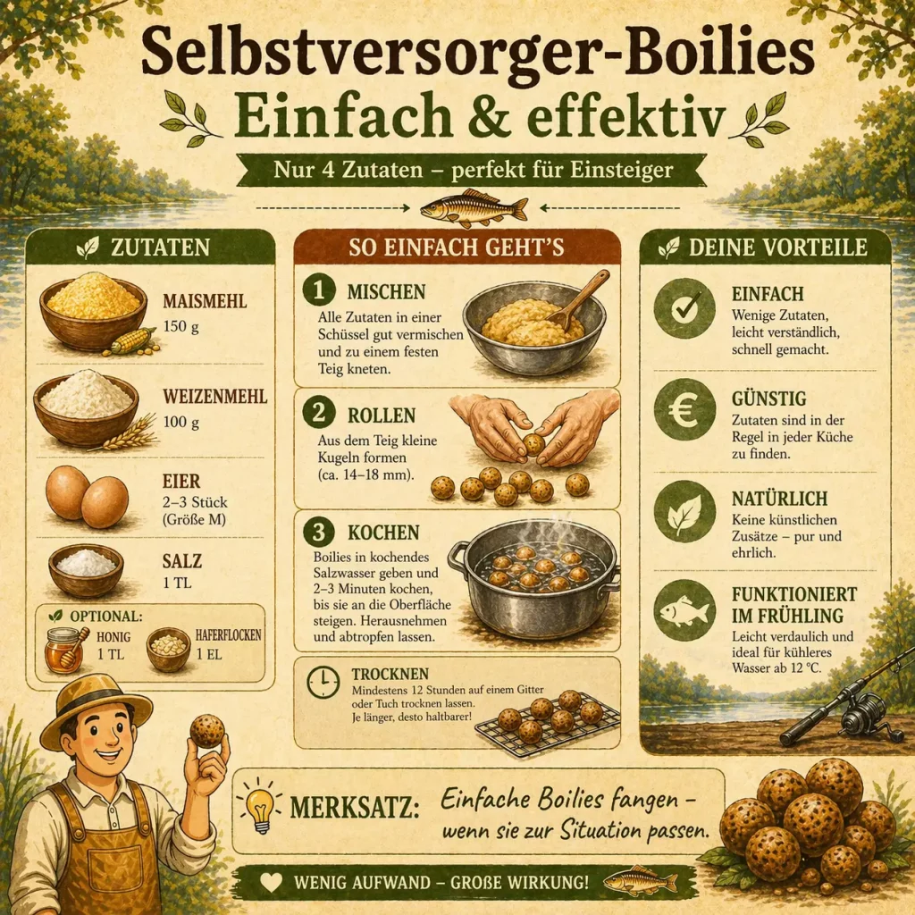 Einfache Selbstversorger-Boilies mit wenigen Zutaten wie Maismehl, Eier und Weizenmehl – Schritt-für-Schritt Anleitung zum selber machen für Karpfen im Frühling