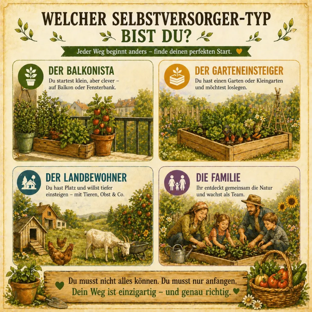 Selbstversorger Typen wie Balkonista, Garteneinsteiger, Landbewohner und Familie