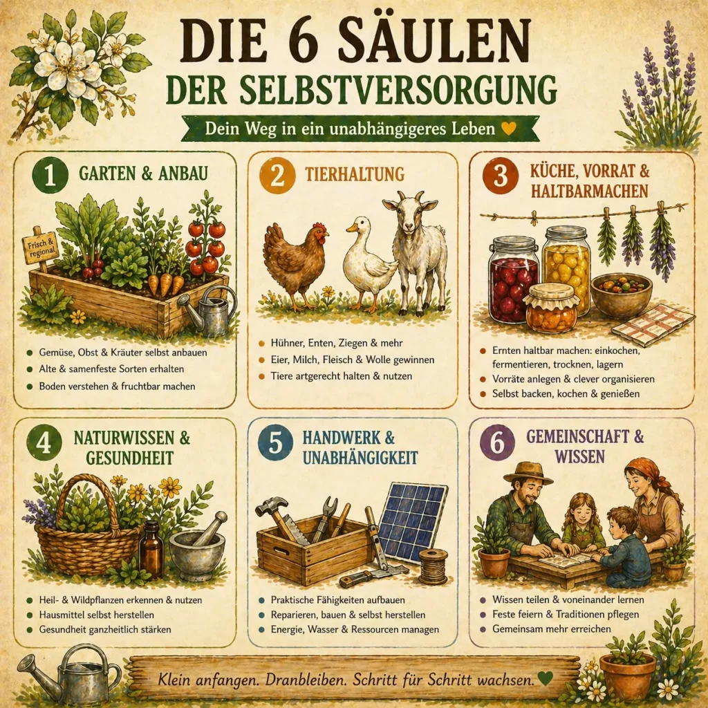 Übersicht der sechs Säulen der Selbstversorgung mit Garten, Tierhaltung und Vorrat