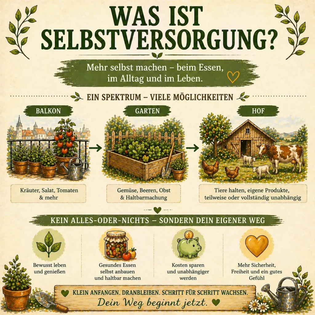 Infografik erklärt was Selbstversorgung bedeutet mit Beispielen von Balkon, Garten und Hof