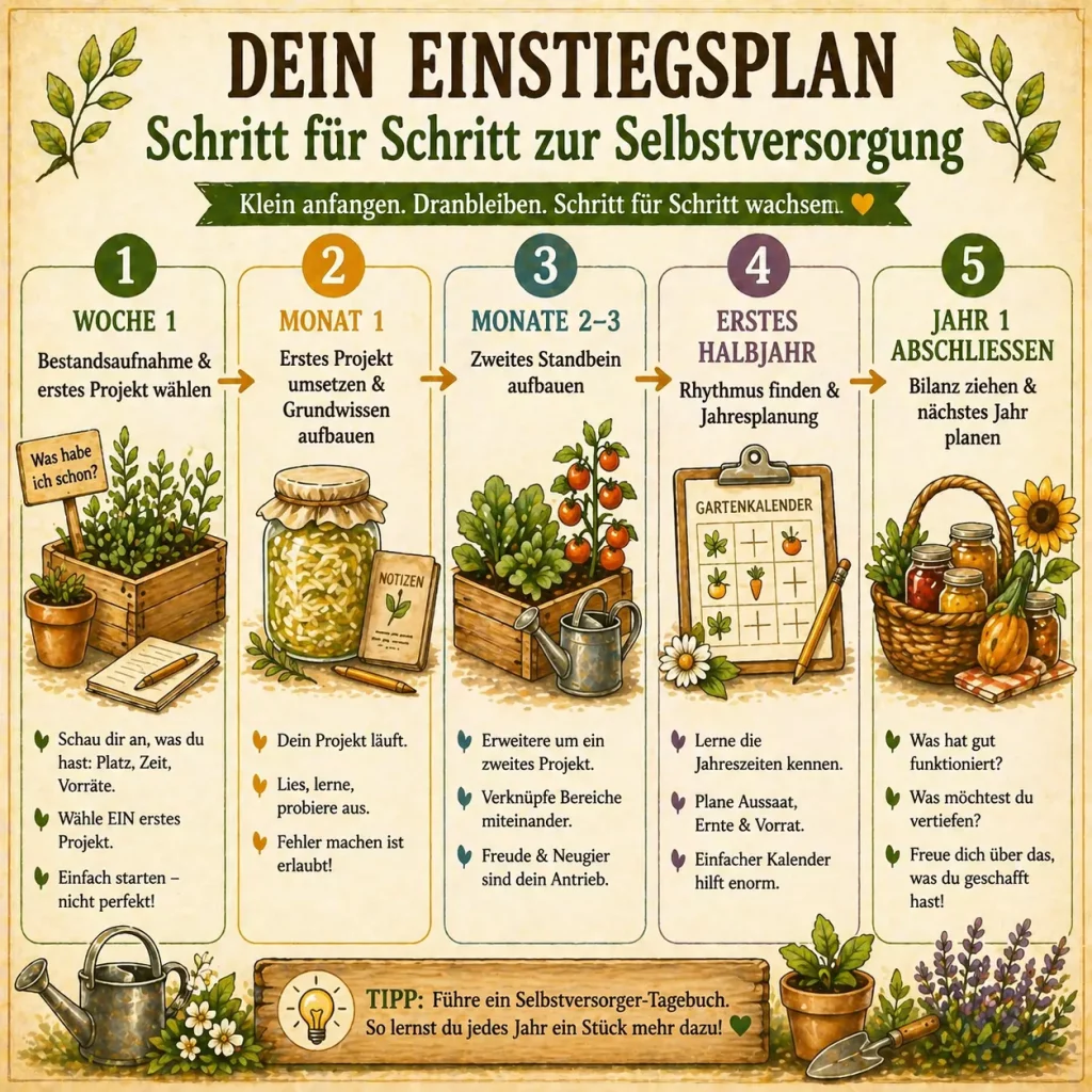Einstiegsplan für Selbstversorgung Schritt für Schritt vom Anfänger bis zum ersten Jahr
