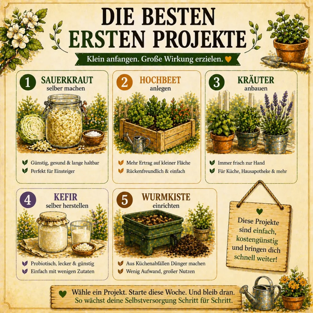 Einfache Projekte für Selbstversorgung wie Sauerkraut, Hochbeet, Kräuter und Kefir