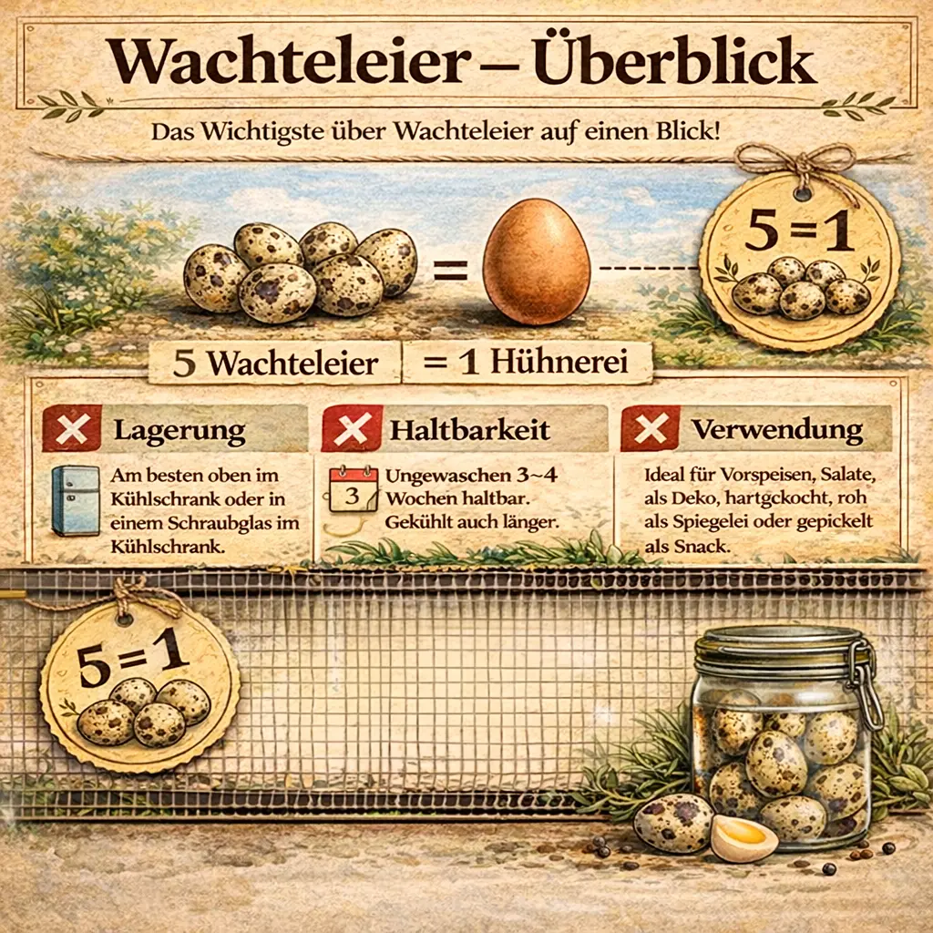 Wachteleier Überblick mit Lagerung, Haltbarkeit und Verwendung im Vergleich zu Hühnereiern