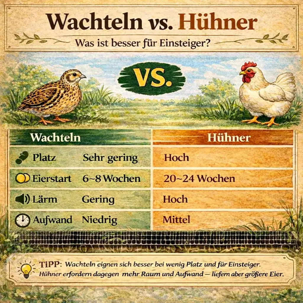 Vergleich Wachteln vs Hühner mit Platzbedarf, Eierstart, Lärm und Aufwand übersichtlich dargestellt