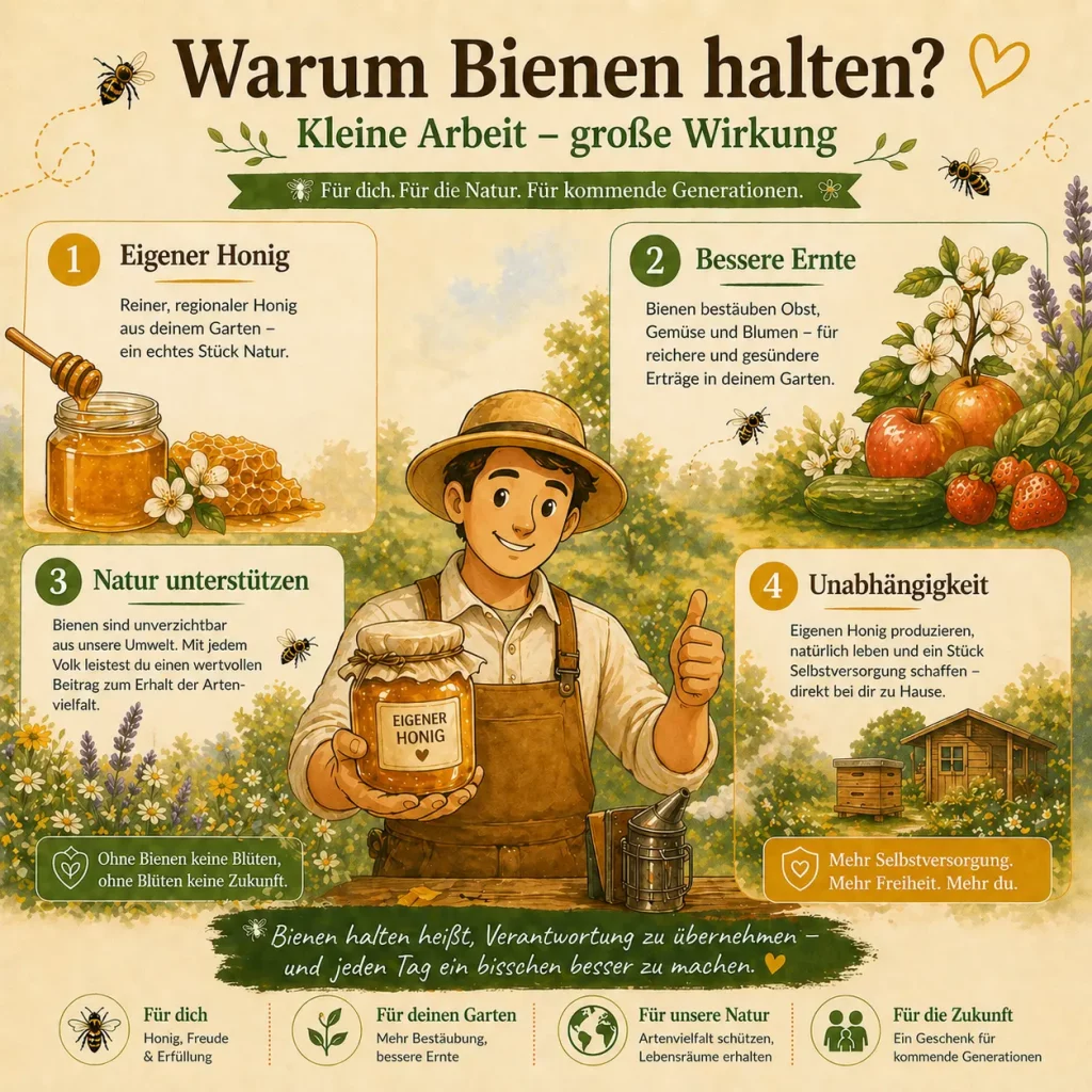Infografik über Vorteile der Bienenhaltung mit eigenem Honig, besserer Ernte und Naturschutz