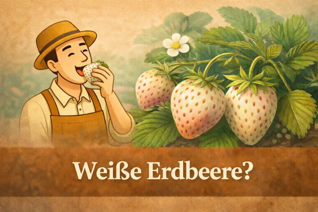 Weiße Ananas-Erdbeeren im Garten mit Maskottchen beim Probieren