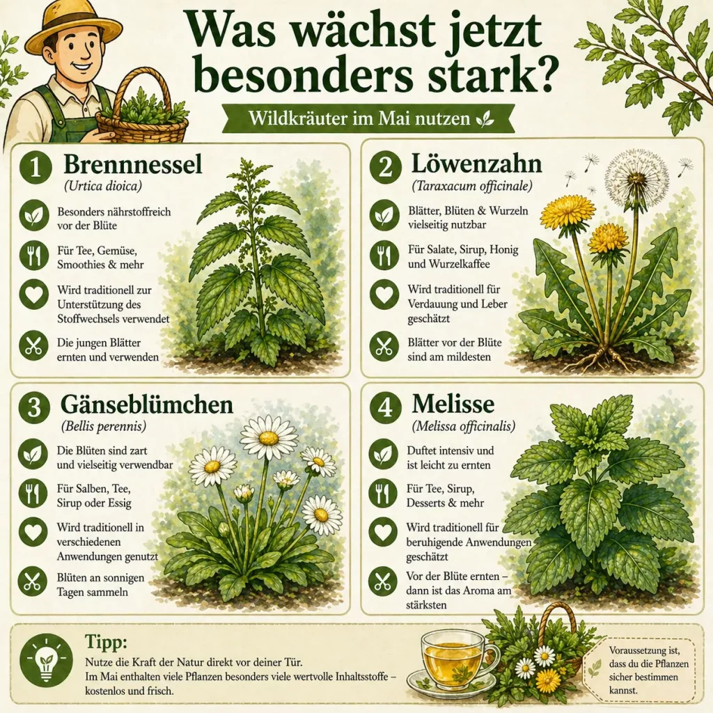 Wildkräuter im Mai Brennnessel Löwenzahn Gänseblümchen und Melisse richtig nutzen im Garten