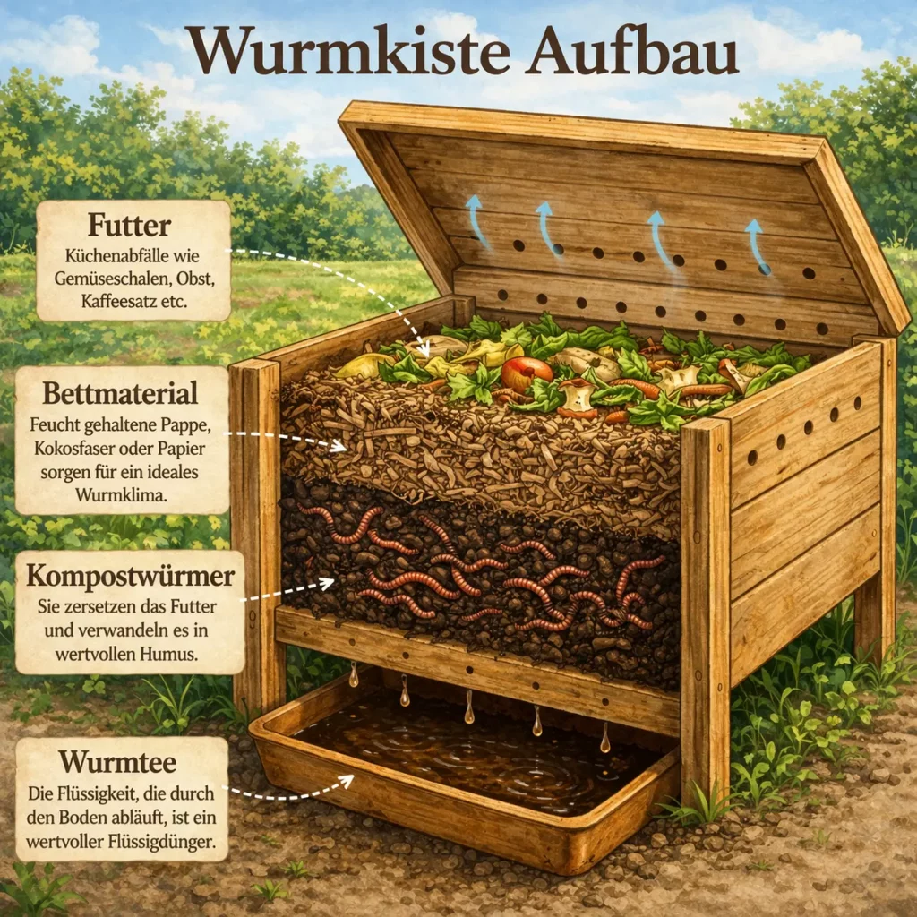 Schichten einer Wurmkiste mit Futter, Bettmaterial und Kompostwürmern im Überblick