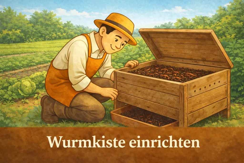 Wurmkiste im Garten einrichten mit Kompostwürmern und Holzbox für die Selbstversorgung