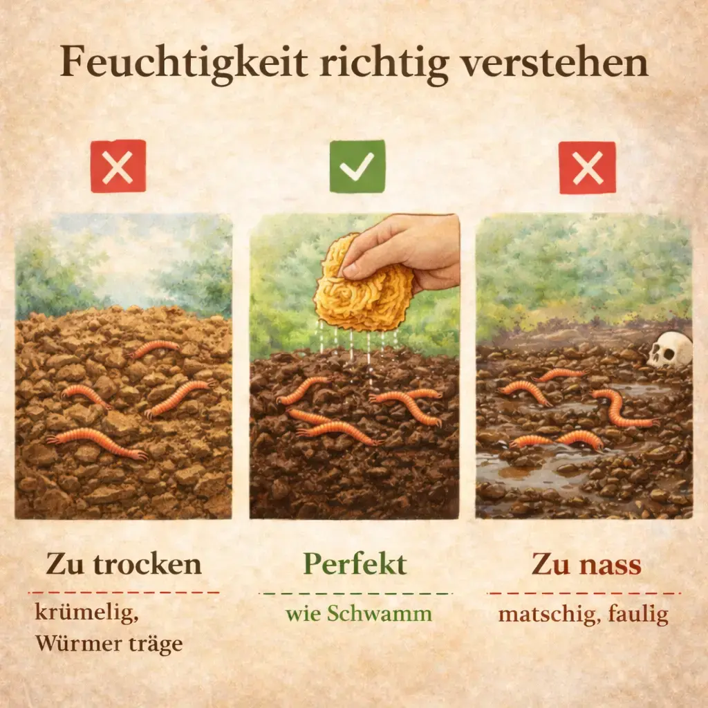 Vergleich von trockener, optimaler und zu nasser Wurmkiste für gesunde Kompostwürmer