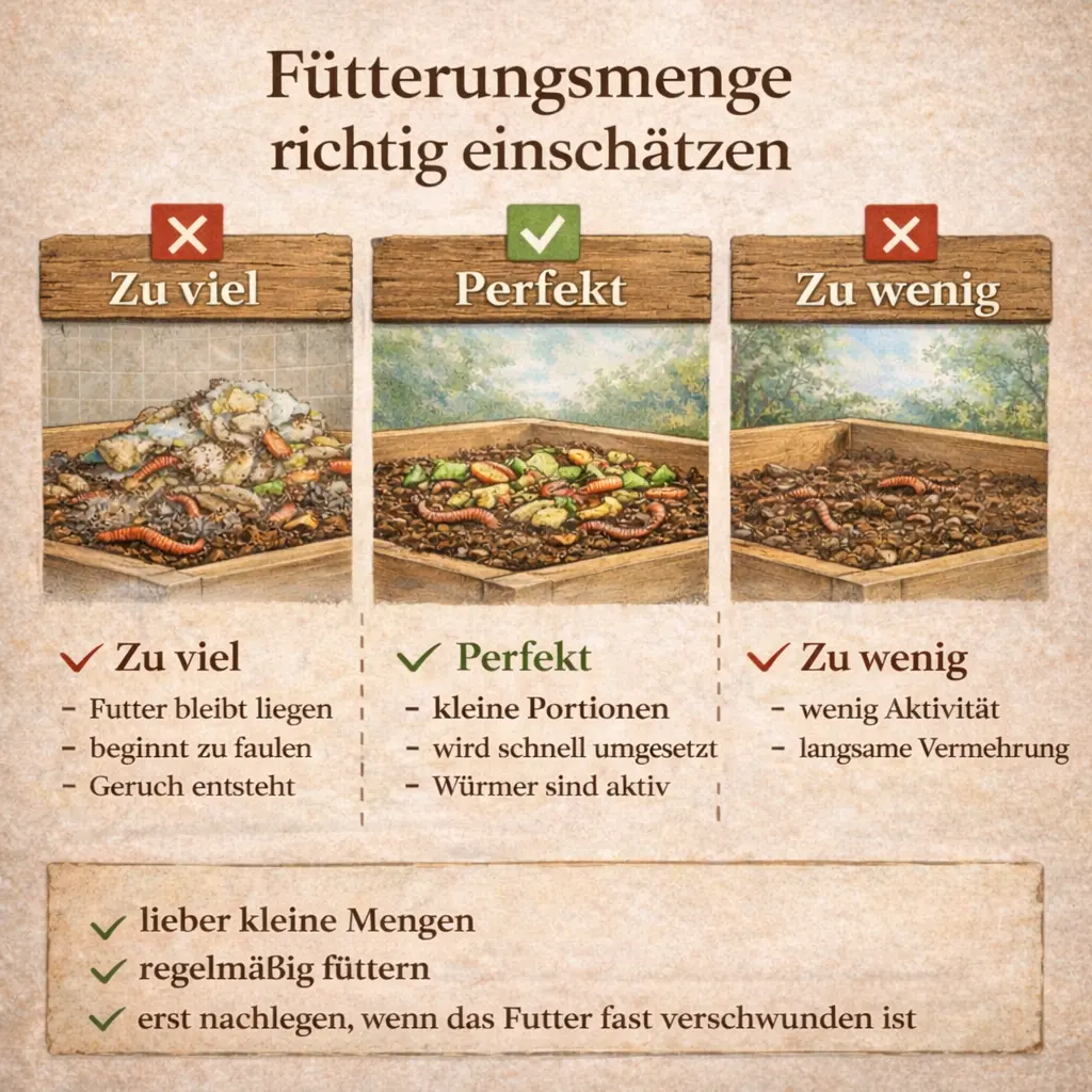 Richtige Fütterungsmenge für Kompostwürmer mit Vergleich von zu viel und zu wenig Futter