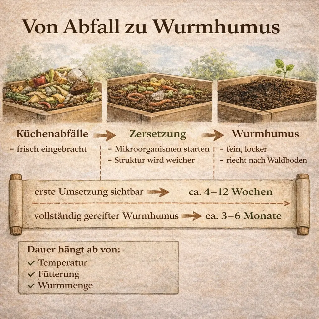 Umwandlung von Küchenabfällen zu Wurmhumus durch Zersetzung und Aktivität der Kompostwürmer