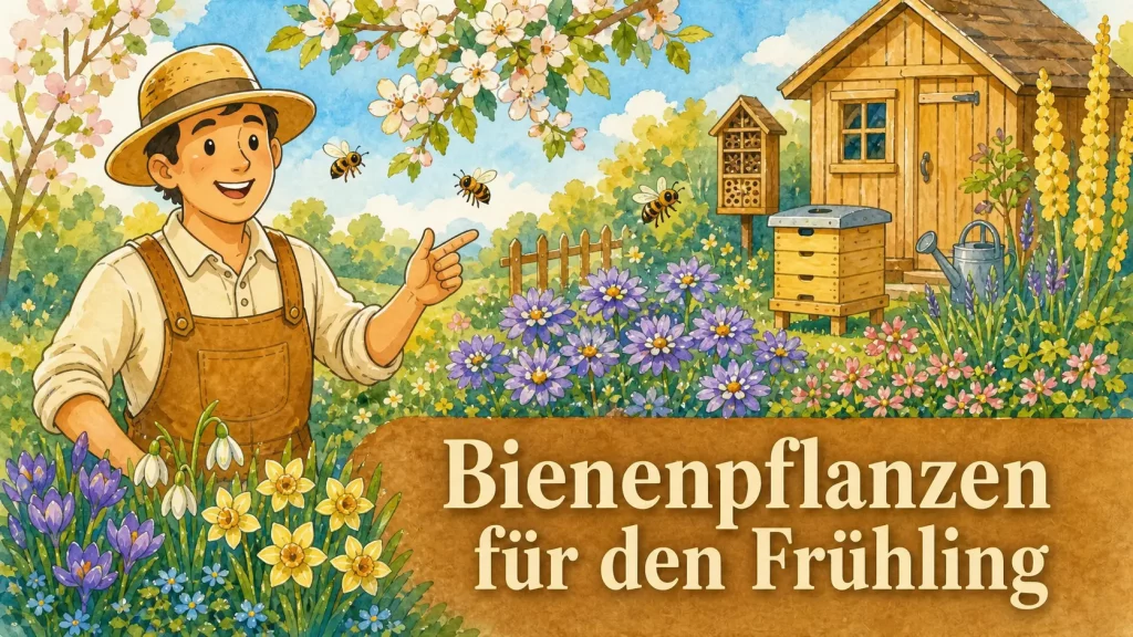 Bienenfreundlicher Garten im Frühling mit blühenden Pflanzen und Imker Maskottchen