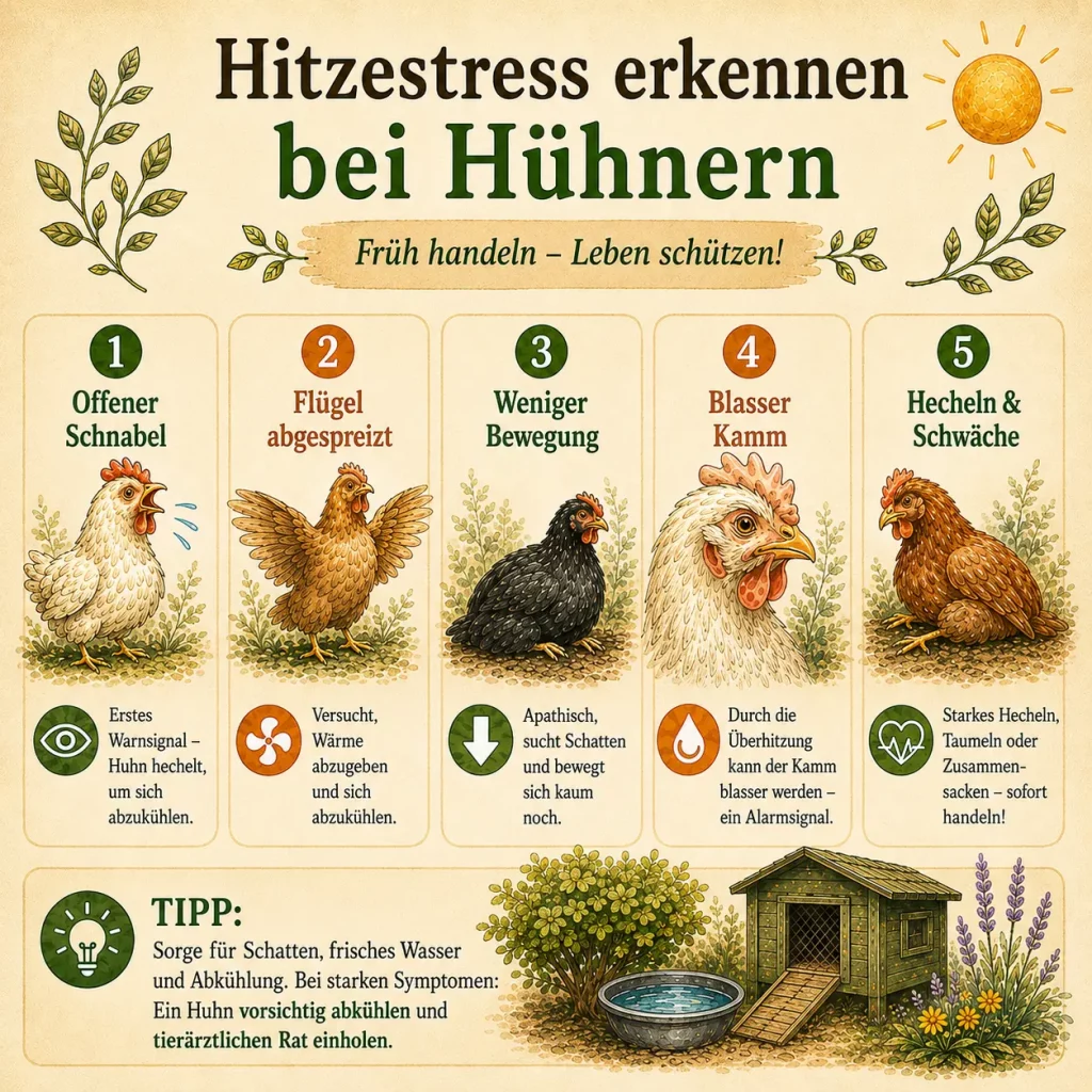 Infografik zu typischen Anzeichen von Hitzestress bei Hühnern