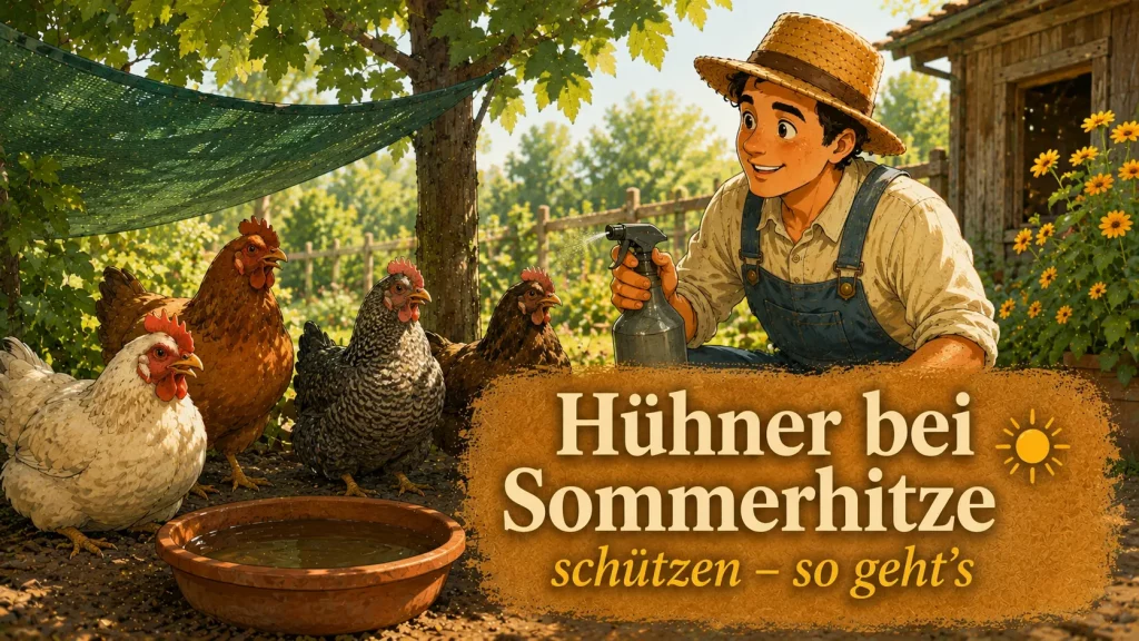 Hühner bei Sommerhitze im schattigen Garten mit Wasserstelle und Kühlung