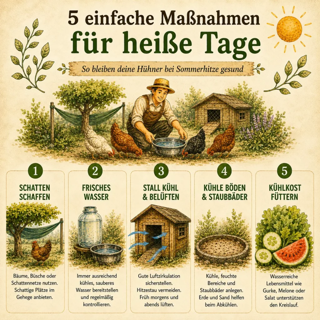 Infografik mit 5 einfachen Maßnahmen zum Schutz von Hühnern bei Sommerhitze