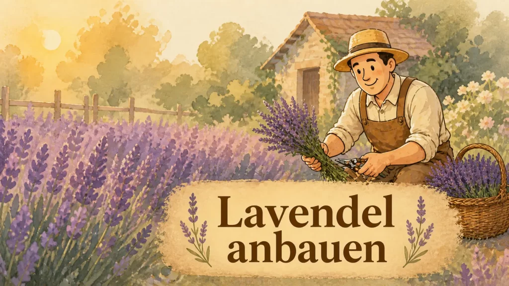 Lavendel anbauen: Gärtner erntet Lavendel im Garten mit Schere.