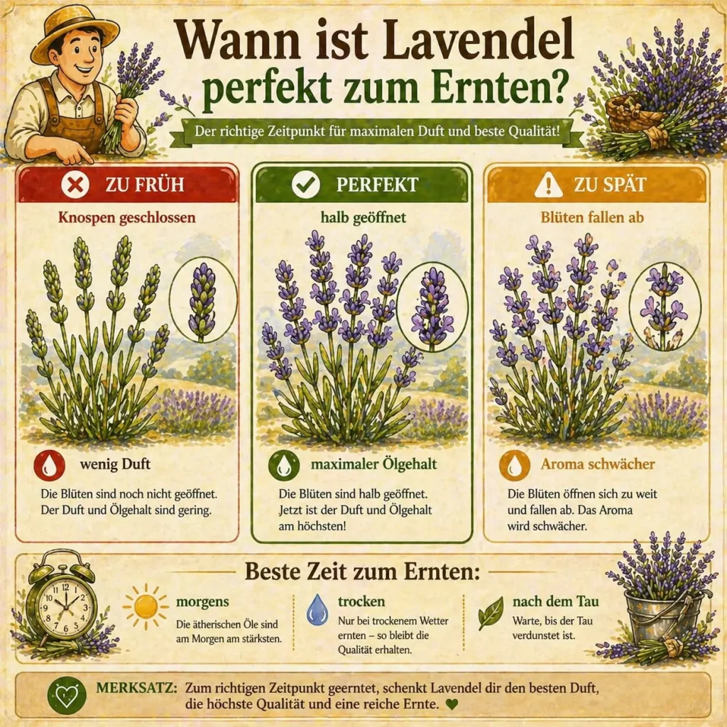 Infografik zeigt den perfekten Zeitpunkt zum Ernten von Lavendel mit halb geöffneten Blüten und maximalem Ölgehalt