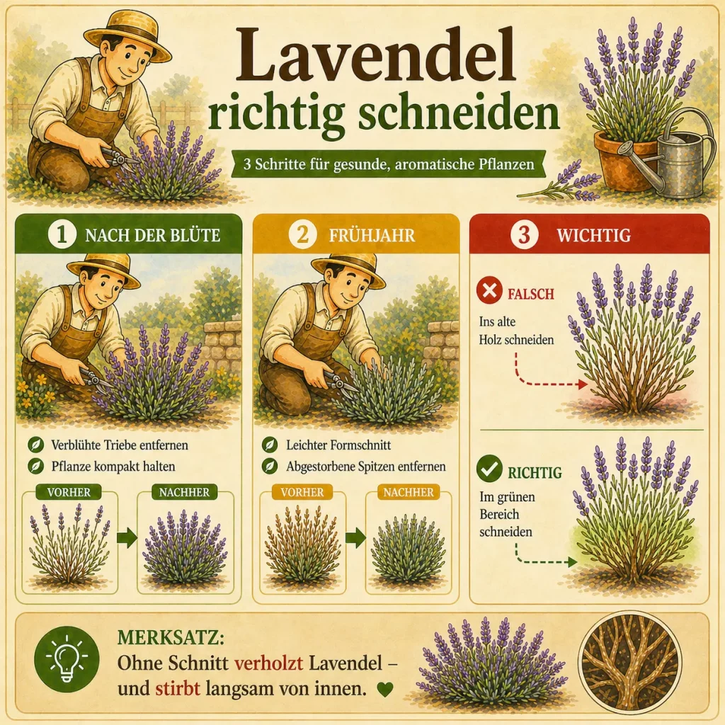 Infografik zeigt wie man Lavendel richtig schneidet mit Frühjahrsschnitt, Rückschnitt nach der Blüte und Hinweis zum Holz