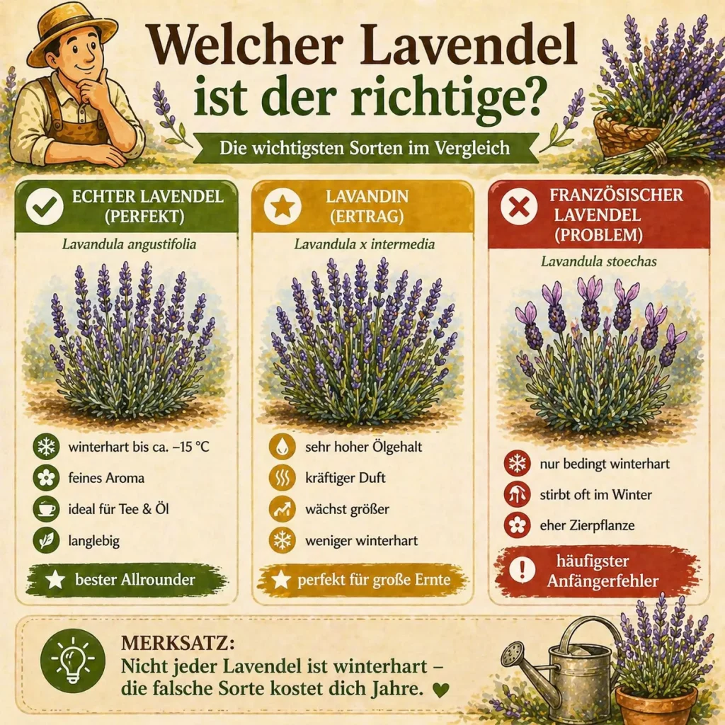 Infografik zeigt Unterschiede zwischen echtem Lavendel, Lavandin und französischem Lavendel mit Winterhärte, Duft und Verwendung