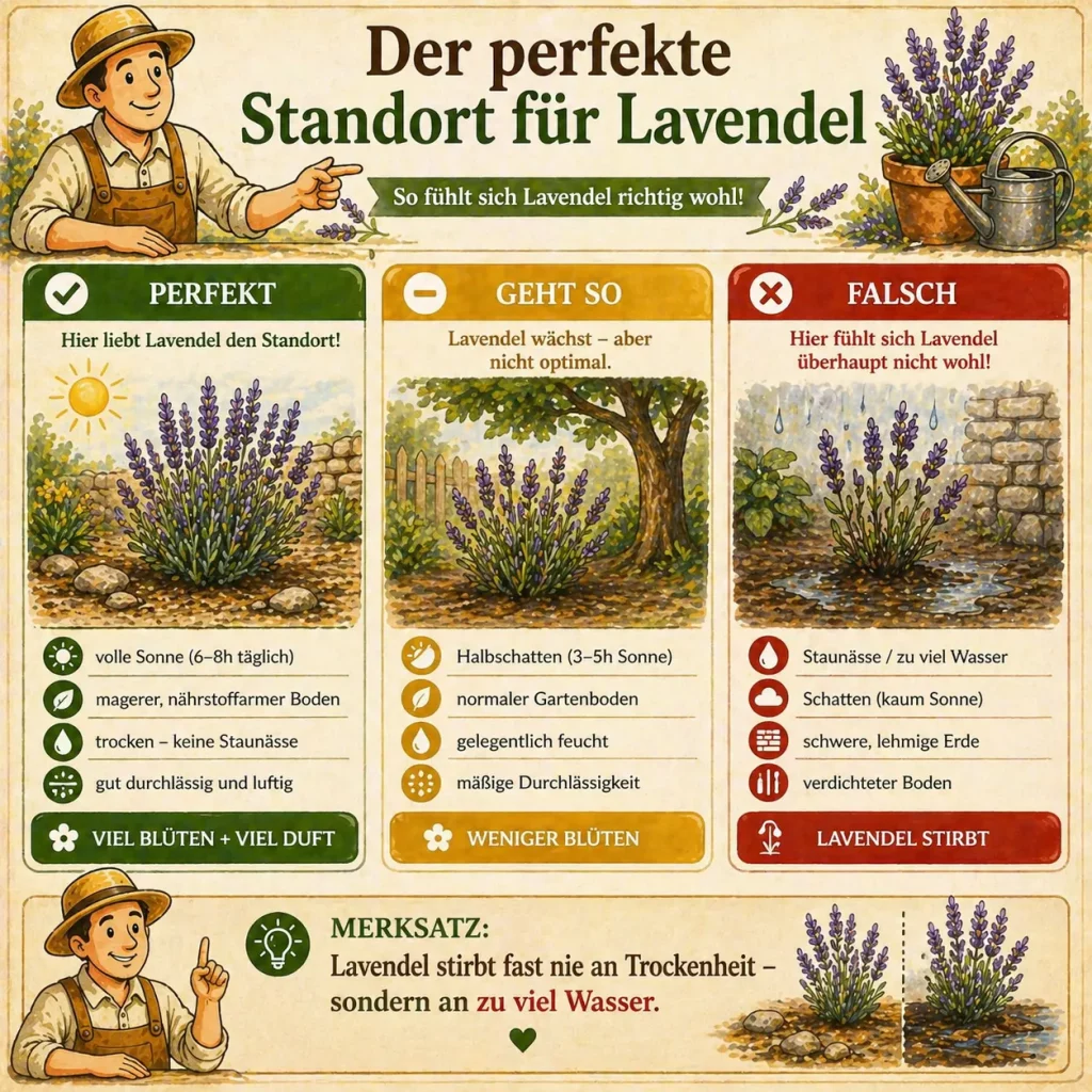 Infografik zeigt optimalen Standort für Lavendel mit Sonne, durchlässigem Boden und Fehlern wie Staunässe und Schatten
