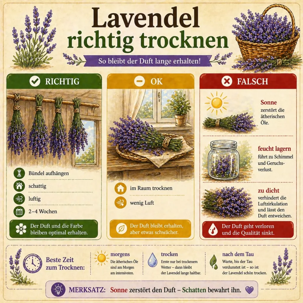 Infografik zeigt wie Lavendel richtig getrocknet wird mit Bündeln im Schatten sowie Fehlern wie Sonne und Feuchtigkeit
