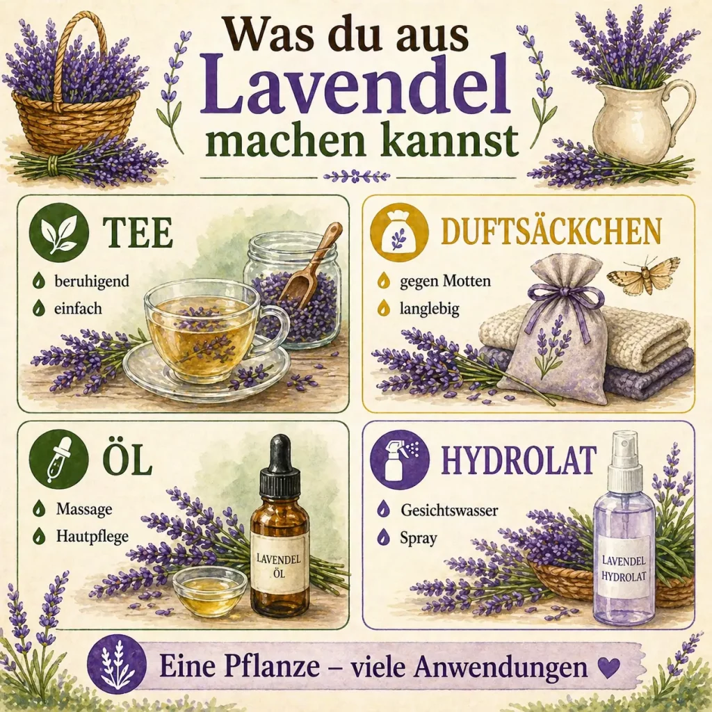 Infografik zeigt verschiedene Anwendungen von Lavendel wie Tee, Öl, Duftsäckchen und Hydrolat