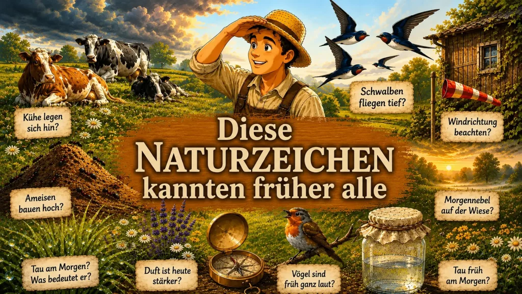 Vintage-Illustration mit alten Naturzeichen zur Wetterbeobachtung mit Schwalben, Kühen, Ameisenhügel, Morgennebel und Selbstversorger-Maskottchen in ländlicher Naturkulisse