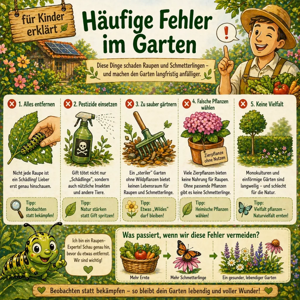 Häufige Fehler im Garten die Raupen und Schmetterlingen schaden einfach erklärt für Kinder