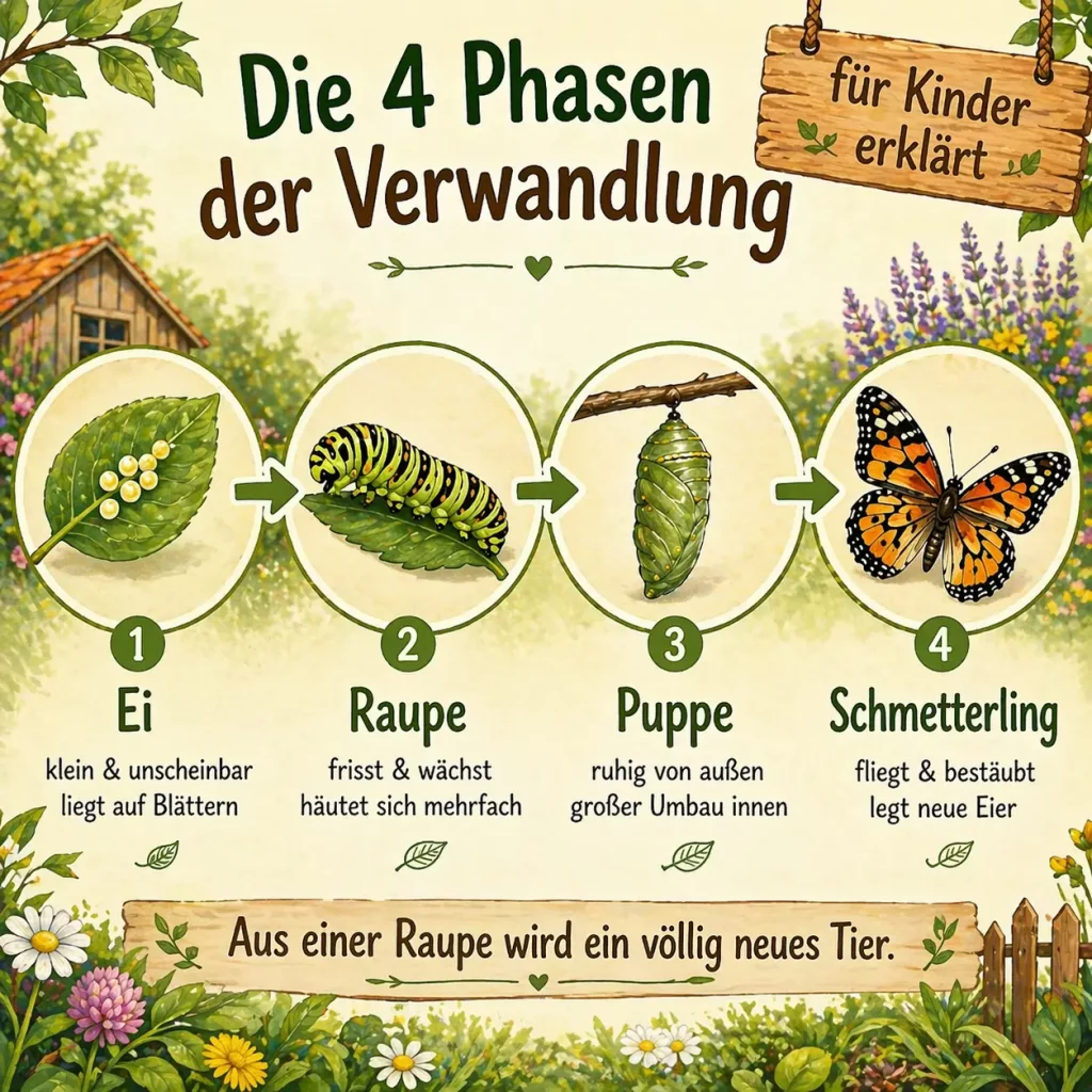 Die vier Entwicklungsphasen vom Ei über Raupe und Puppe bis zum Schmetterling kindgerecht erklärt