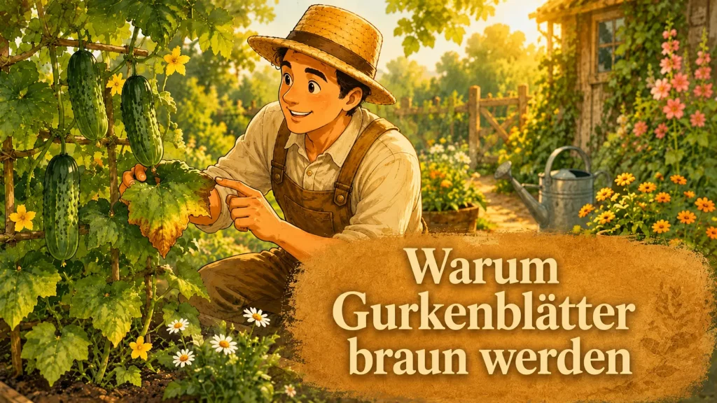 Selbstversorger prüft braune Gurkenblätter im sommerlichen Gemüsegarten