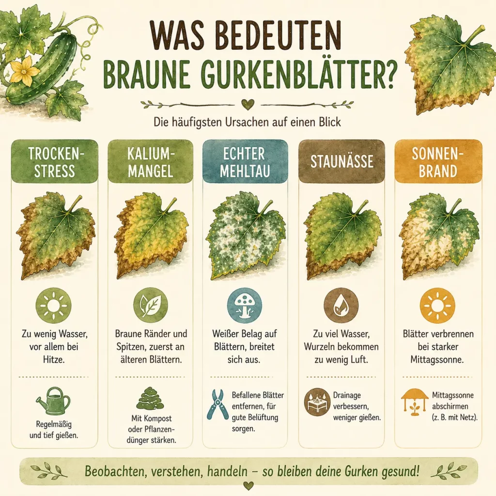 Infografik zu den häufigsten Ursachen für braune Gurkenblätter wie Trockenstress und Mehltau