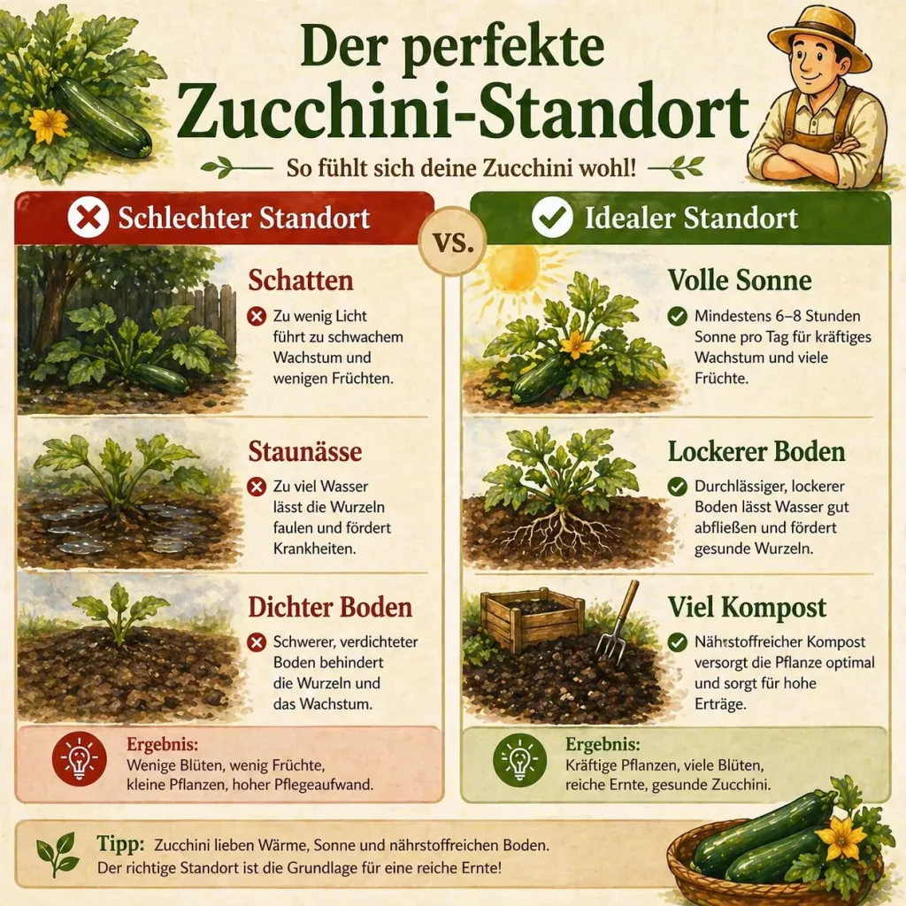 Zucchini Standort Vergleich idealer Boden Sonne Kompost vs schlechter Standort