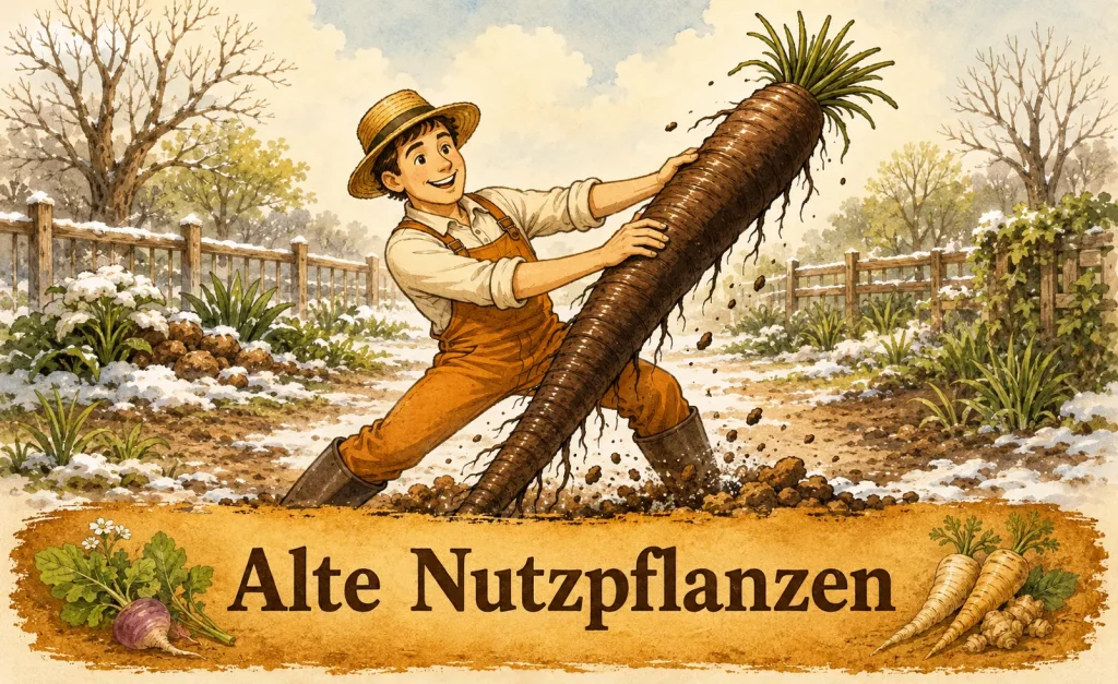 Selbstversorger erntet eine riesige Schwarzwurzel im Garten und zeigt eine alte, robuste Nutzpflanze