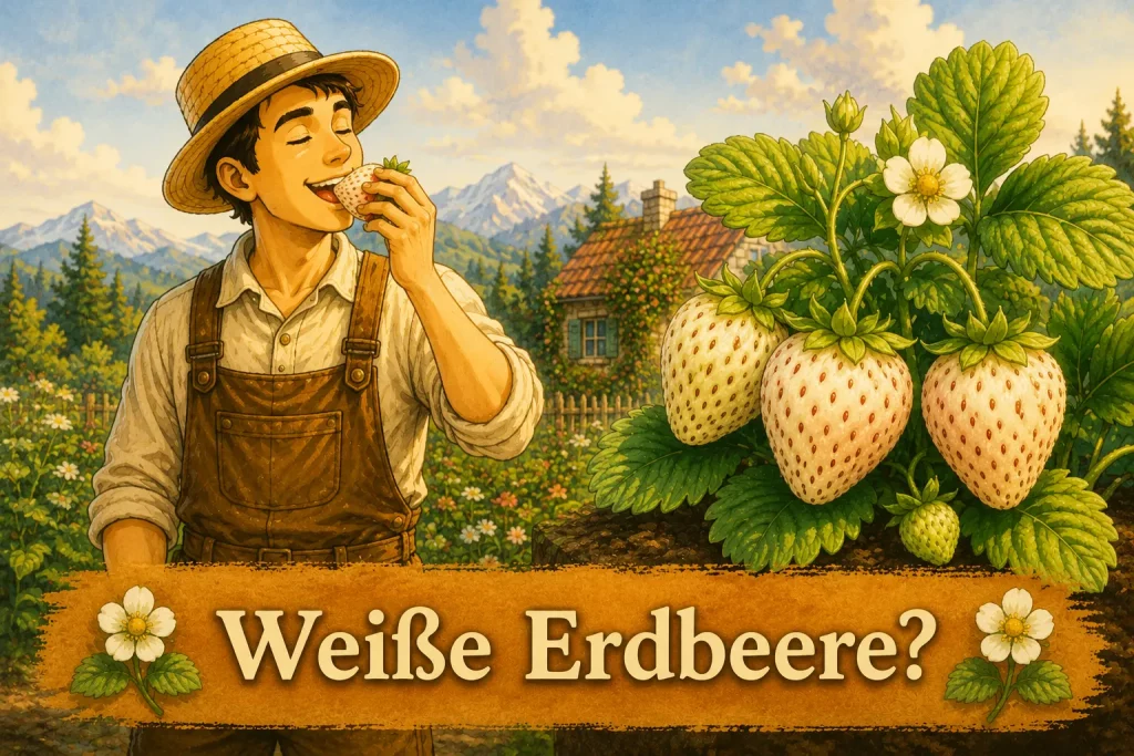Weiße Ananas-Erdbeeren an der Pflanze im Garten mit reifen Früchten und Blüten