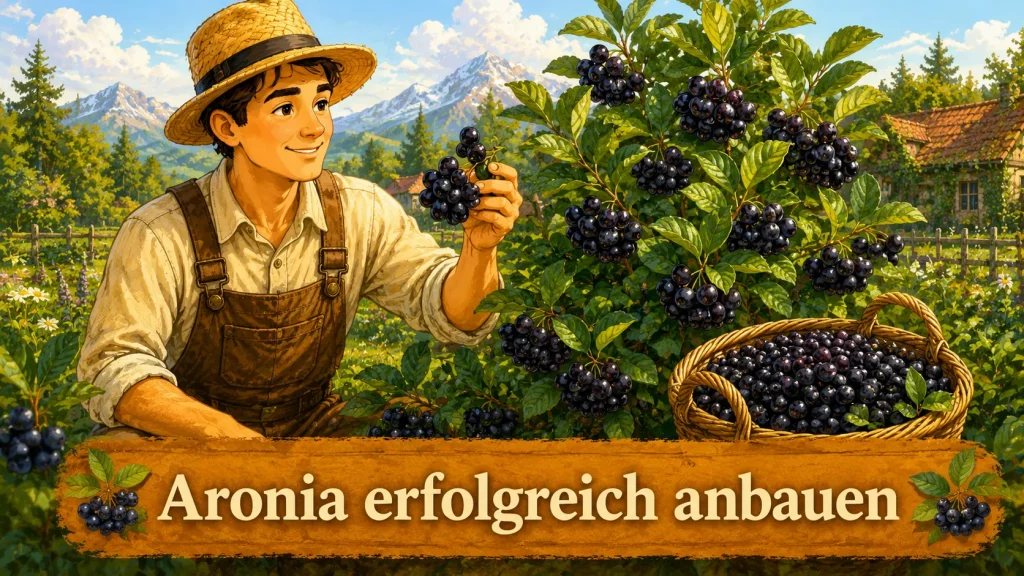 Aroniabeeren am Strauch mit reifen Früchten und geernteten Beeren im Korb