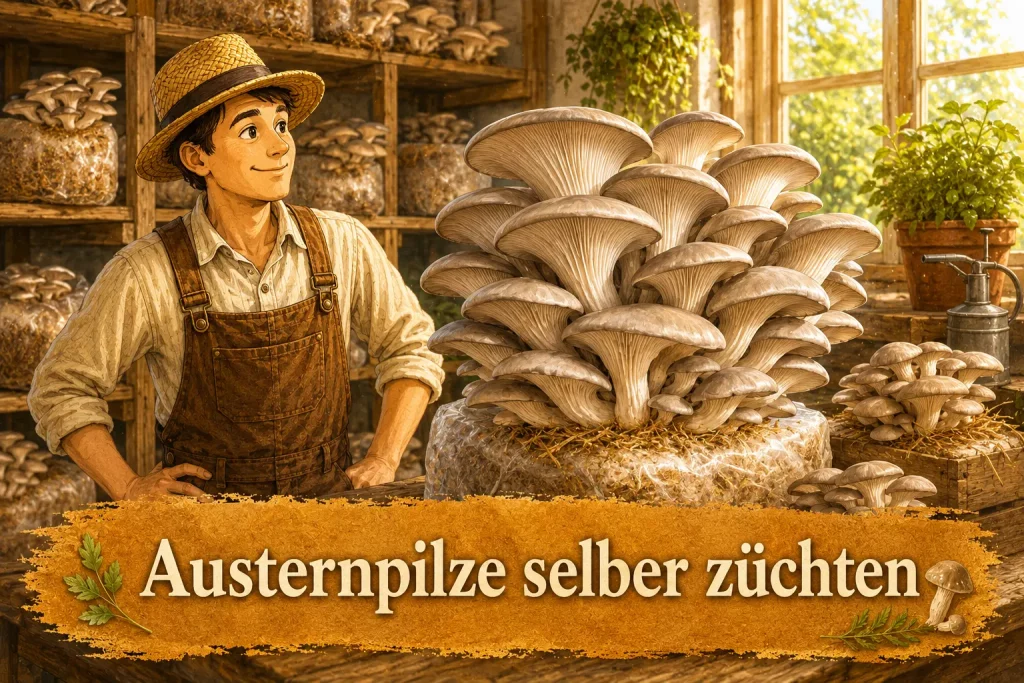 Austernpilze auf Pilzsubstrat im Innenraum bei der eigenen Pilzzucht für Selbstversorger