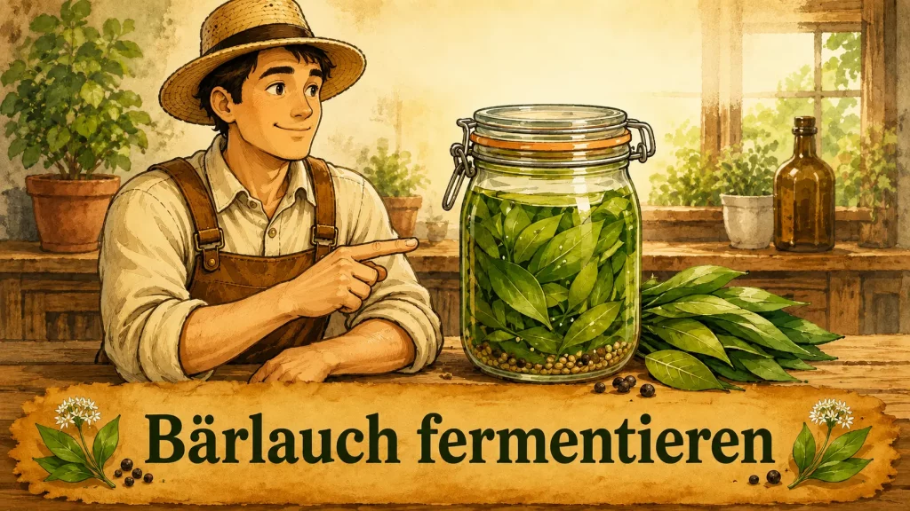 Selbstversorger zeigt ein Glas mit fermentiertem Bärlauch und erklärt die Haltbarmachung durch Fermentation