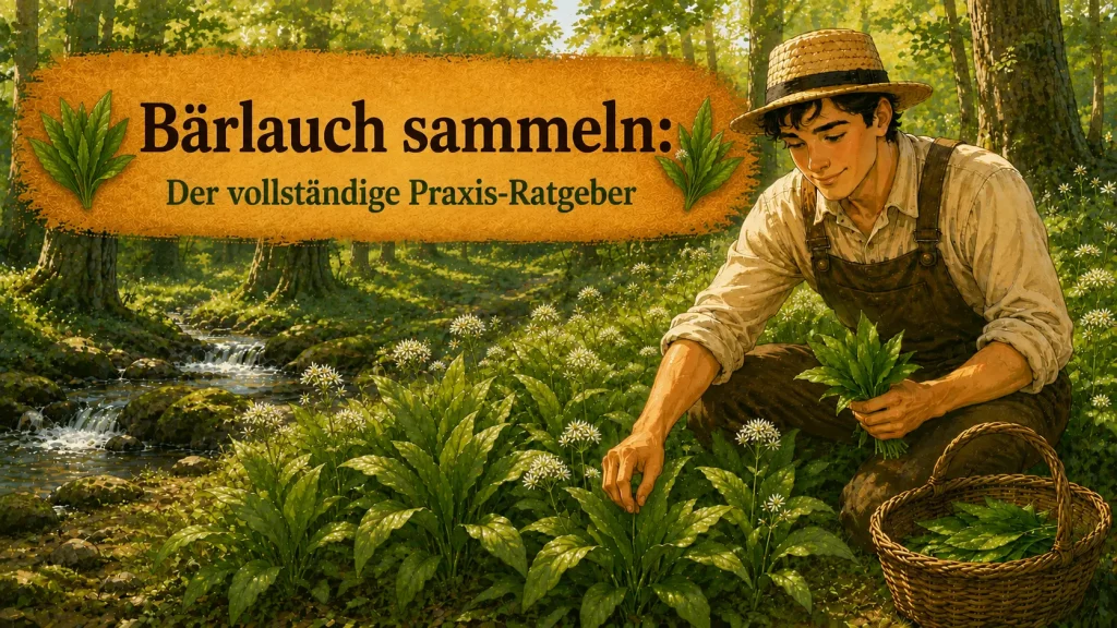 Selbstversorger sammelt frischen Bärlauch im Wald und zeigt die richtige Ernte der beliebten Wildpflanze
