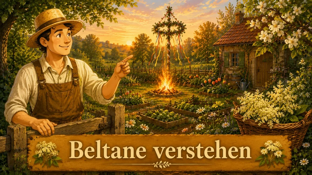Beltane Fest mit Maifeuer, Maibaum und blühendem Frühlingsgarten bei Sonnenuntergang