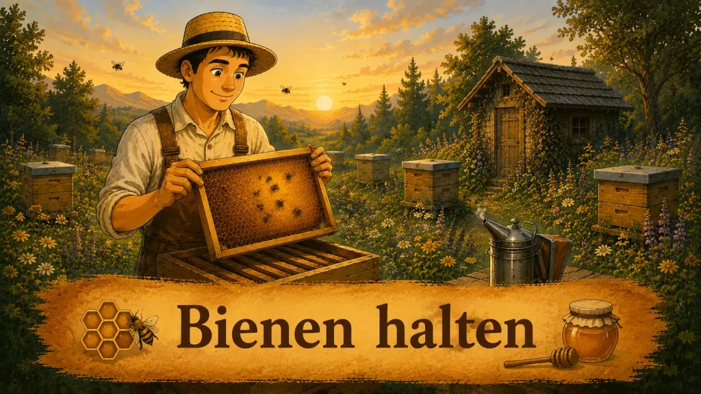 Imker kontrolliert eine Bienenwabe vor mehreren Bienenstöcken auf einer blühenden Wiese im Selbstversorger-Garten